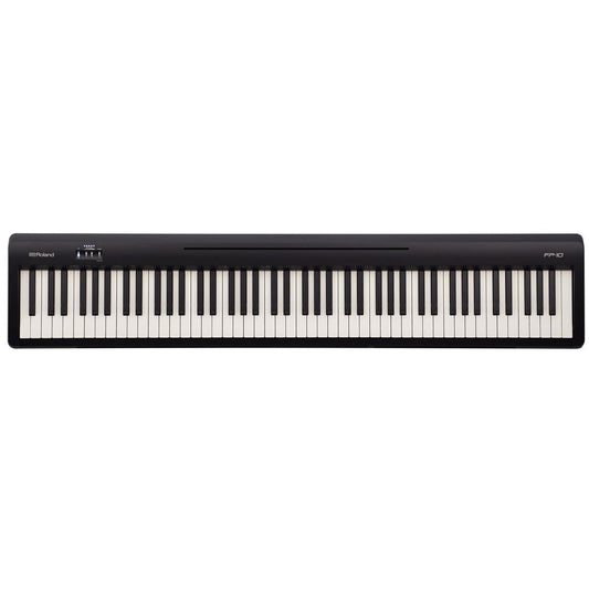 Roland FP-10 88-key digital piano bundle, stand, bench, pedal, headphones.