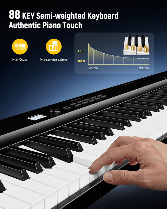 Rhymo 88-key folding portable piano, semi-weighted, USB MIDI, stereo speakers.