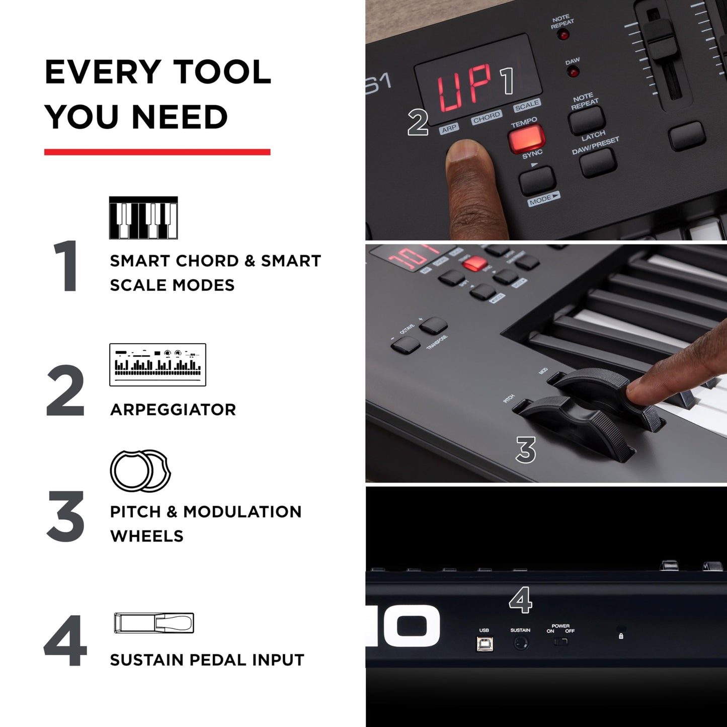 M-Audio Oxygen 61 MKV MIDI controller, pads, arpeggiator, chord/scale modes.