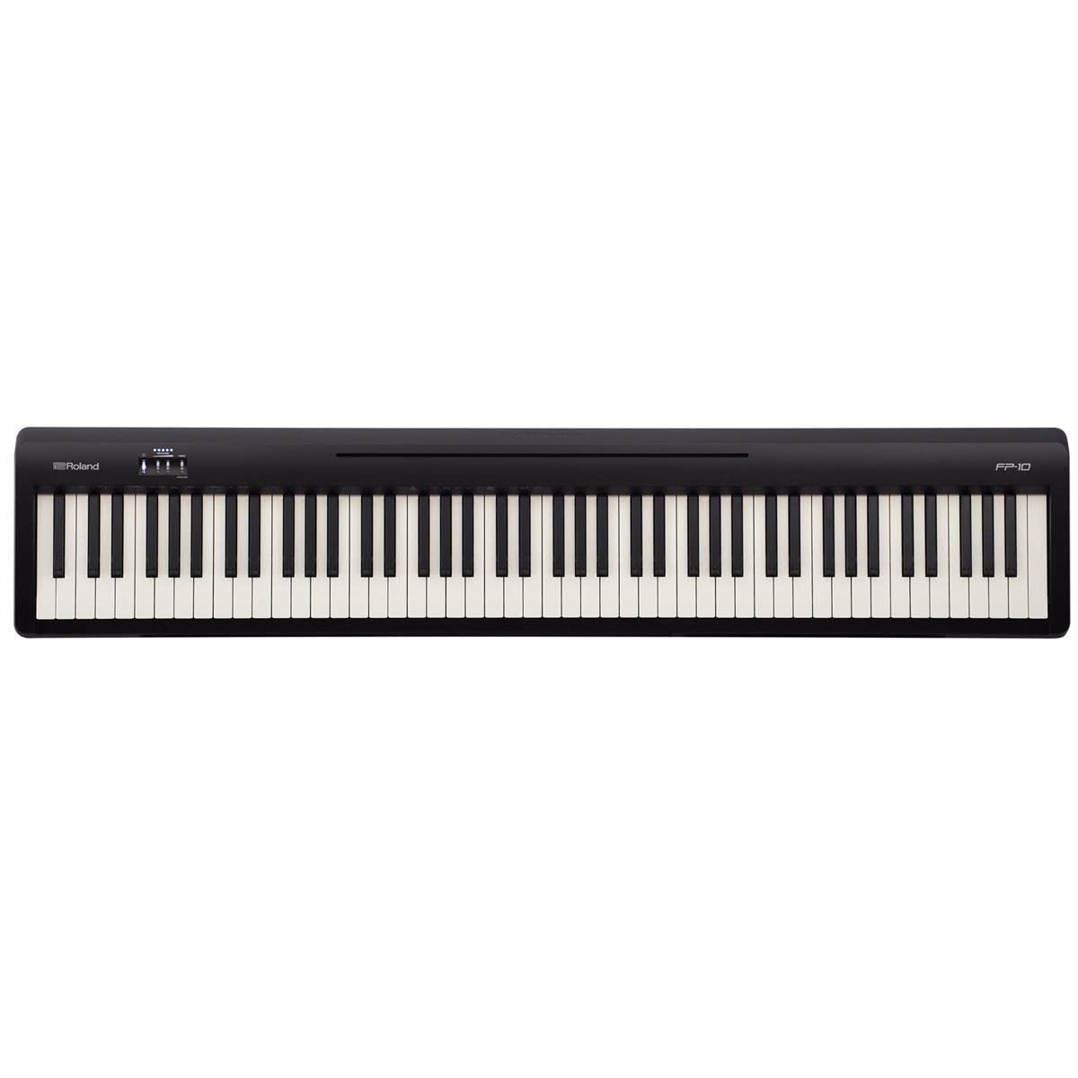 Roland FP-10 88-key digital piano bundle, stand, bench, pedal, headphones.