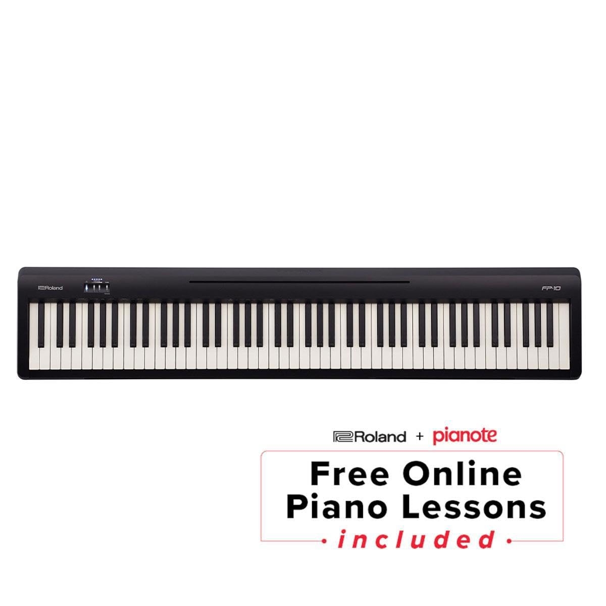 Roland FP-10 88-key digital piano bundle, stand, bench, pedal, headphones.