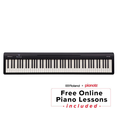 Roland FP-10 88-key digital piano bundle, stand, bench, pedal, headphones.