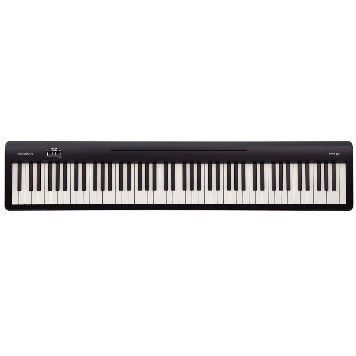 Roland FP-10 88-key digital piano bundle, stand, bench, pedal, headphones.