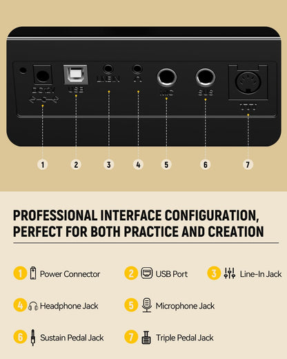 Rhymo 88-key folding portable piano, semi-weighted, USB MIDI, stereo speakers.