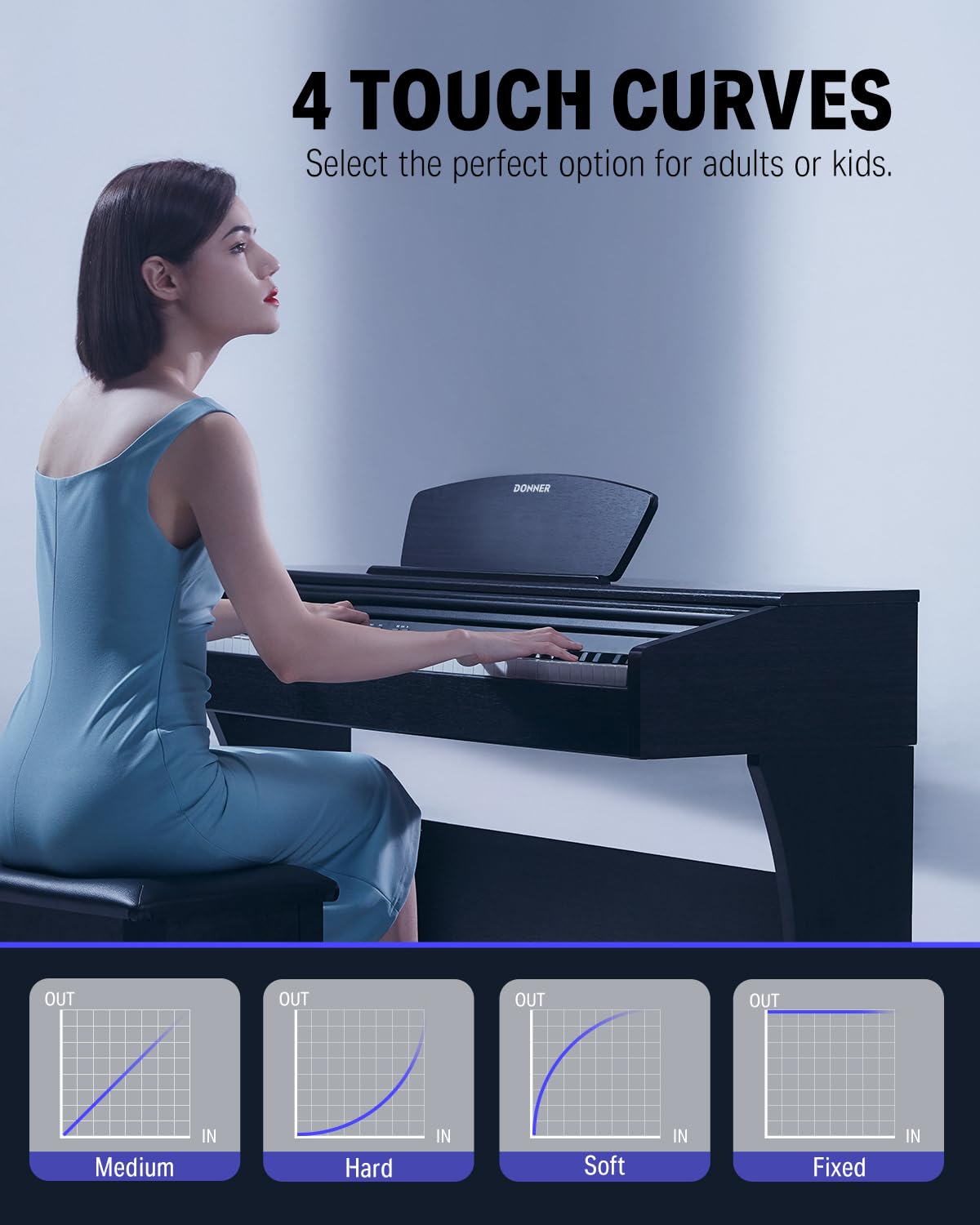 Donner DDP-300 88-key digital piano, weighted keys, Bluetooth, recording, dark rose.