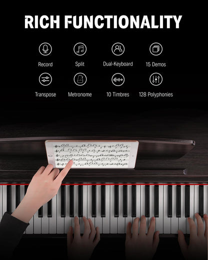 Donner DDP-300 88-key digital piano, weighted keys, Bluetooth, recording, dark rose.