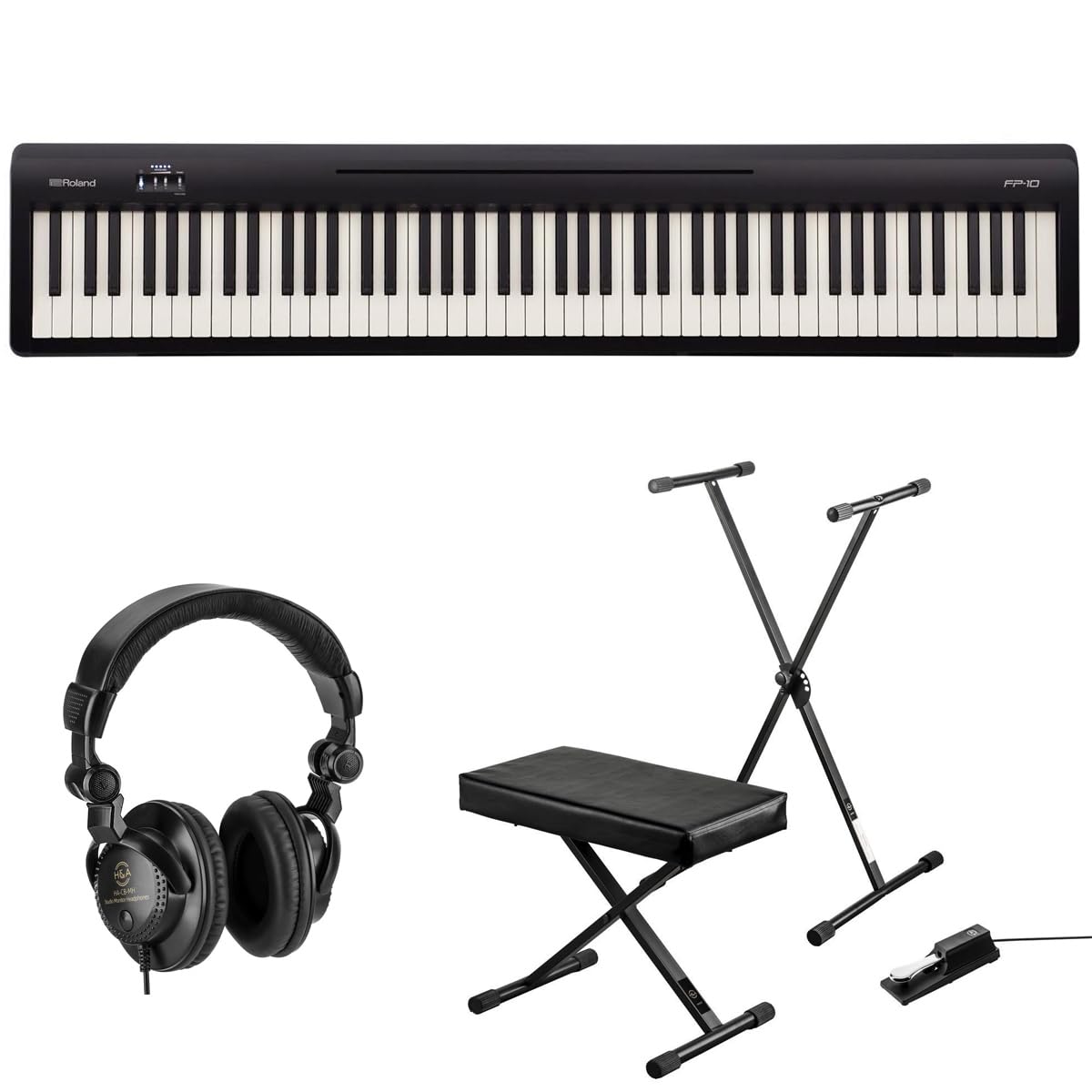 Roland FP-10 88-key digital piano bundle, stand, bench, pedal, headphones.