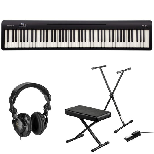 Roland FP-10 88-key digital piano bundle, stand, bench, pedal, headphones.
