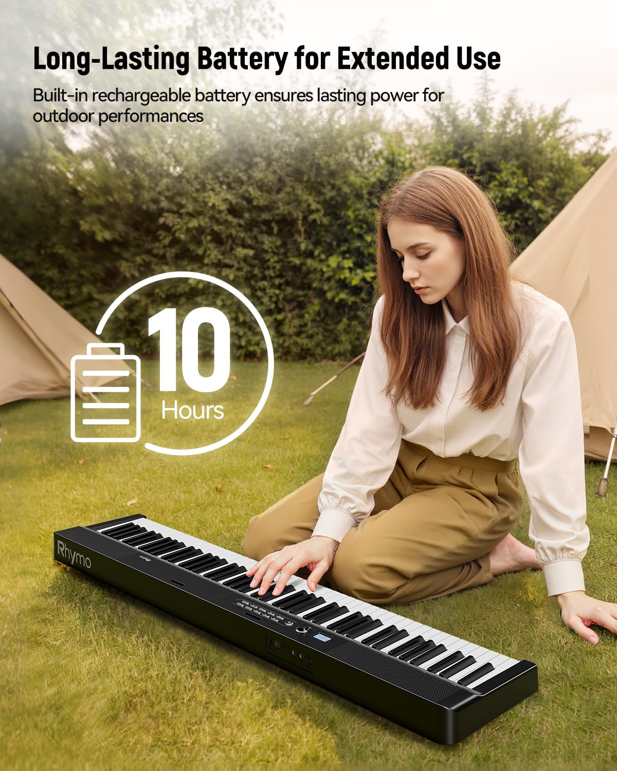 Rhymo 88-key folding portable piano, semi-weighted, USB MIDI, stereo speakers.