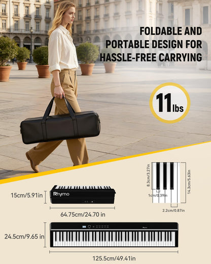Rhymo 88-key folding portable piano, semi-weighted, USB MIDI, stereo speakers.