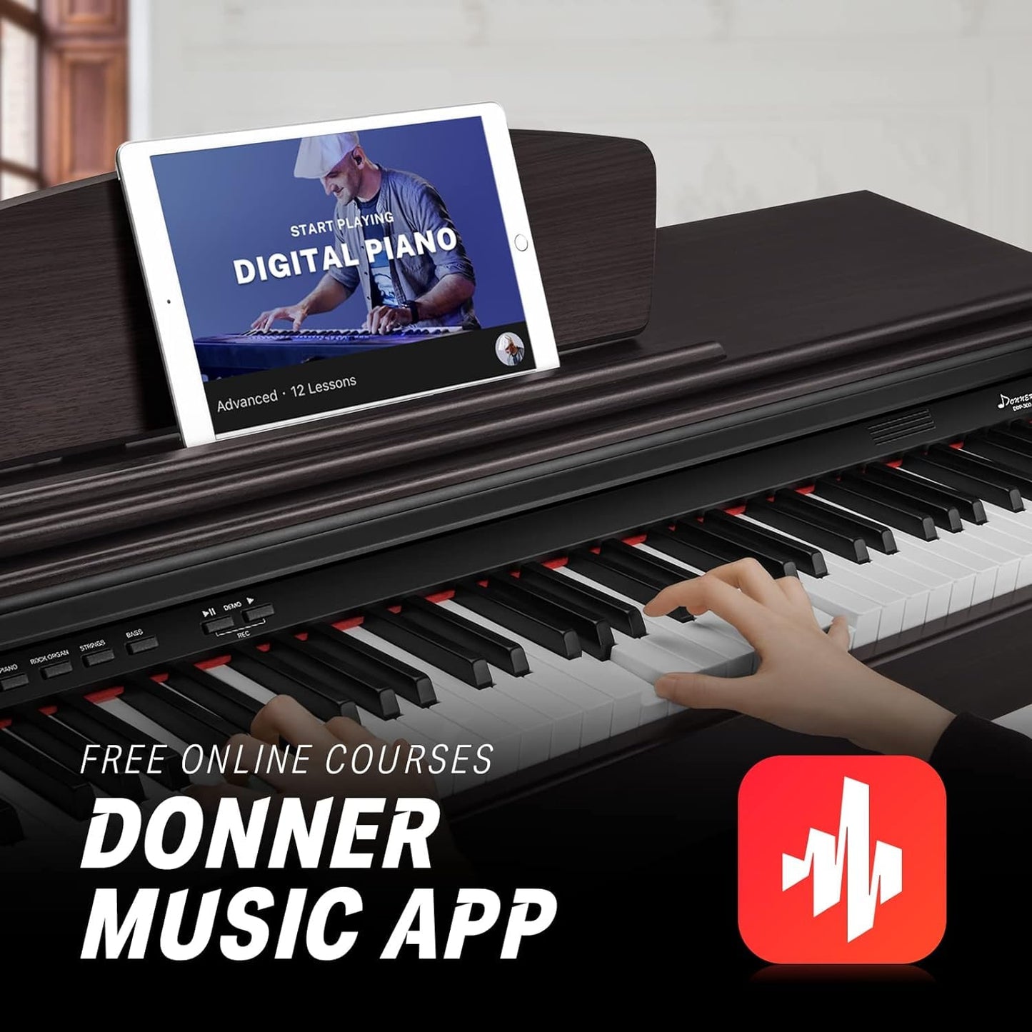 Donner DDP-300 88-key digital piano, weighted keys, Bluetooth, recording, dark rose.
