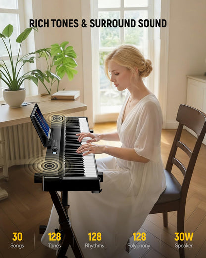 Rhymo 88-key folding portable piano, semi-weighted, USB MIDI, stereo speakers.