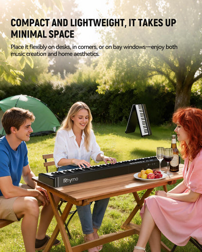 Rhymo 88-key folding portable piano, semi-weighted, USB MIDI, stereo speakers.