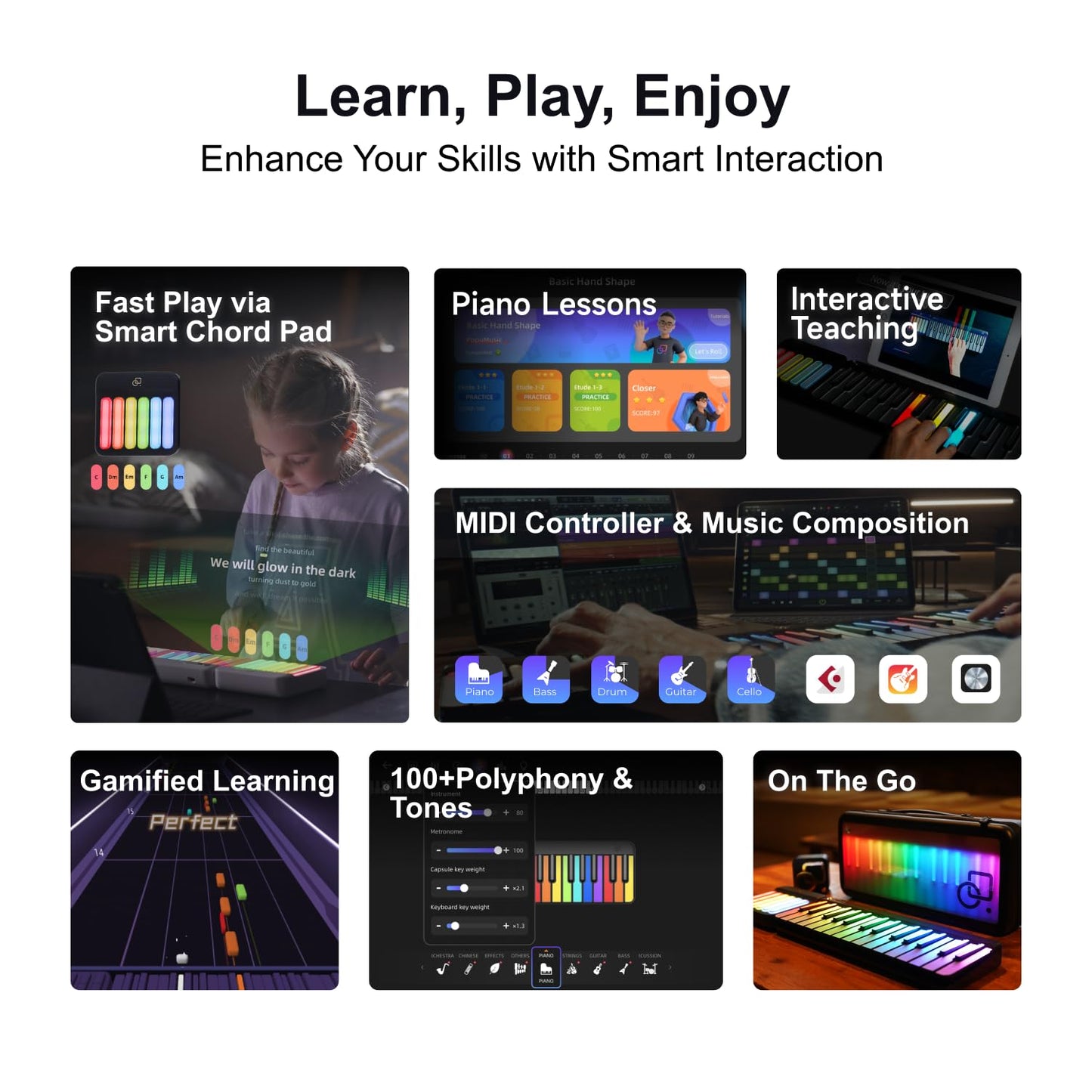 Popupiano 59-key smart beginner keyboard, LED lights, app support, 256 voices, MIDI.