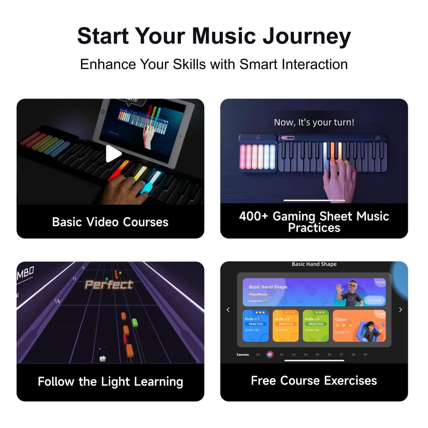 Popupiano 59-key smart beginner keyboard, LED lights, app support, 256 voices, MIDI.