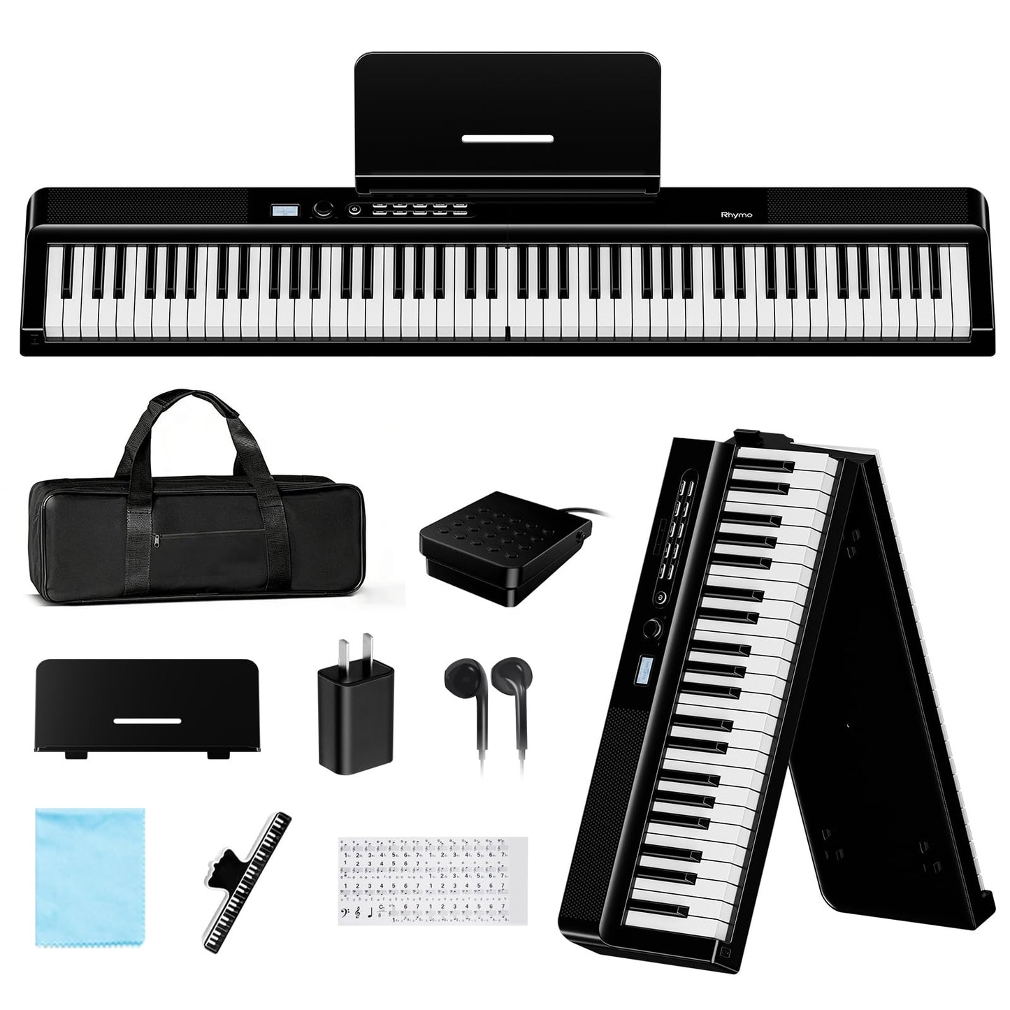 Rhymo 88-key folding portable piano, semi-weighted, USB MIDI, stereo speakers.