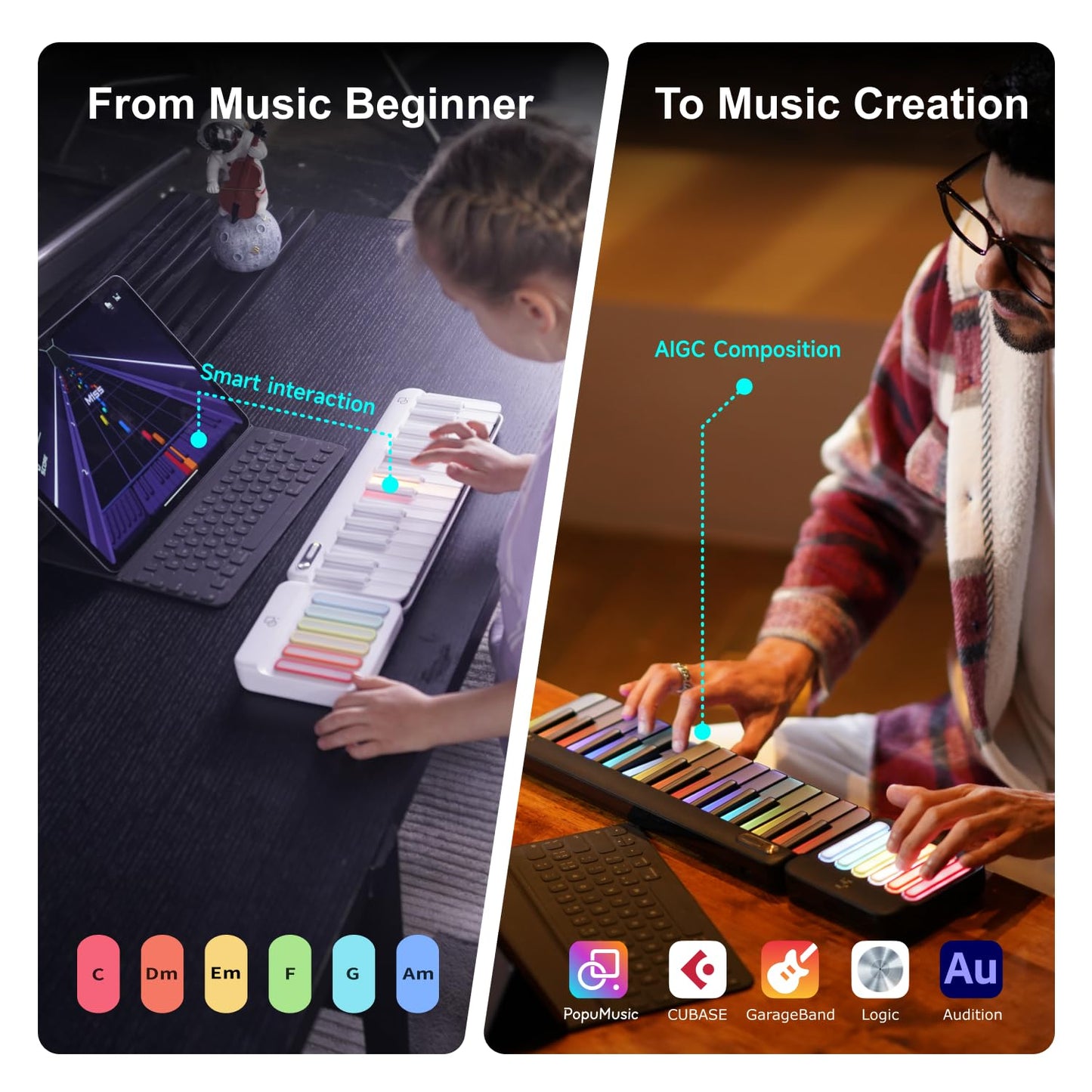Popupiano 59-key smart beginner keyboard, LED lights, app support, 256 voices, MIDI.
