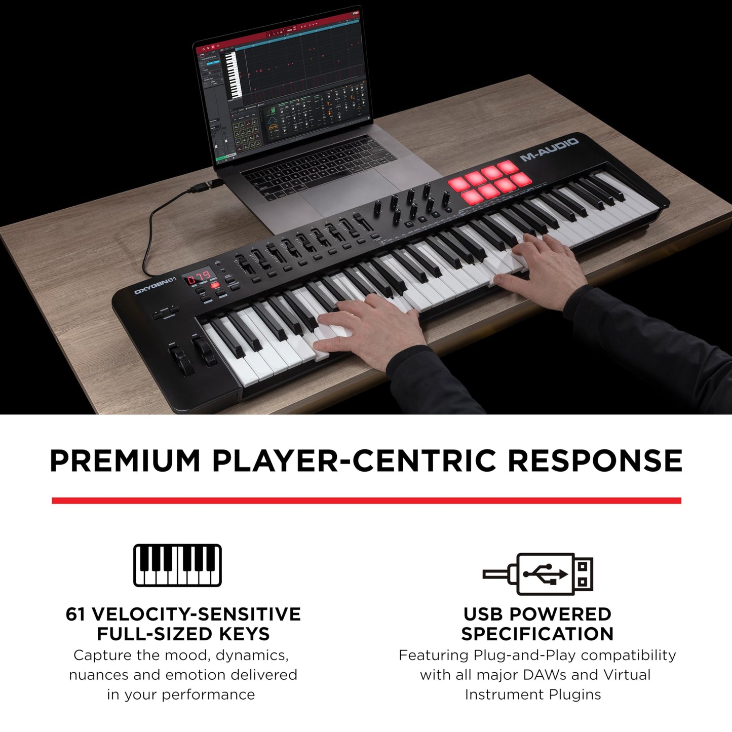 M-Audio Oxygen 61 MKV MIDI controller, pads, arpeggiator, chord/scale modes.