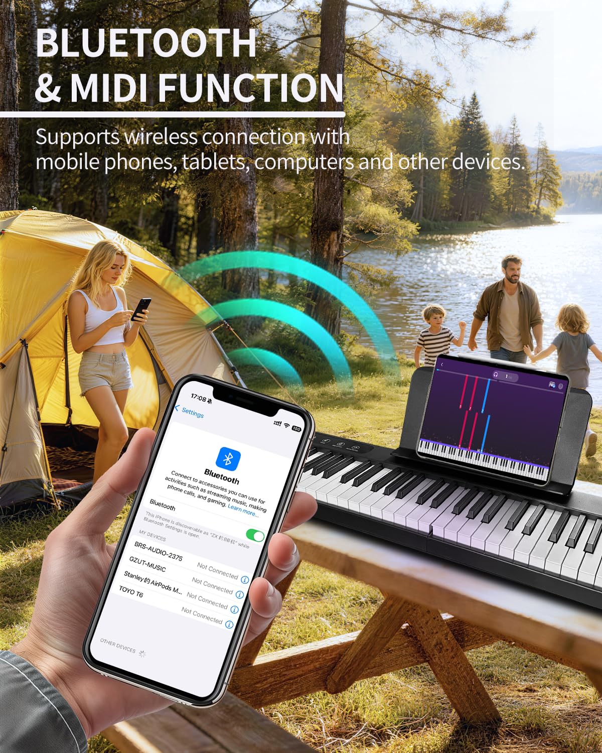 Finger Ballet 88-key folding piano, Bluetooth MIDI, rechargeable travel keyboard.