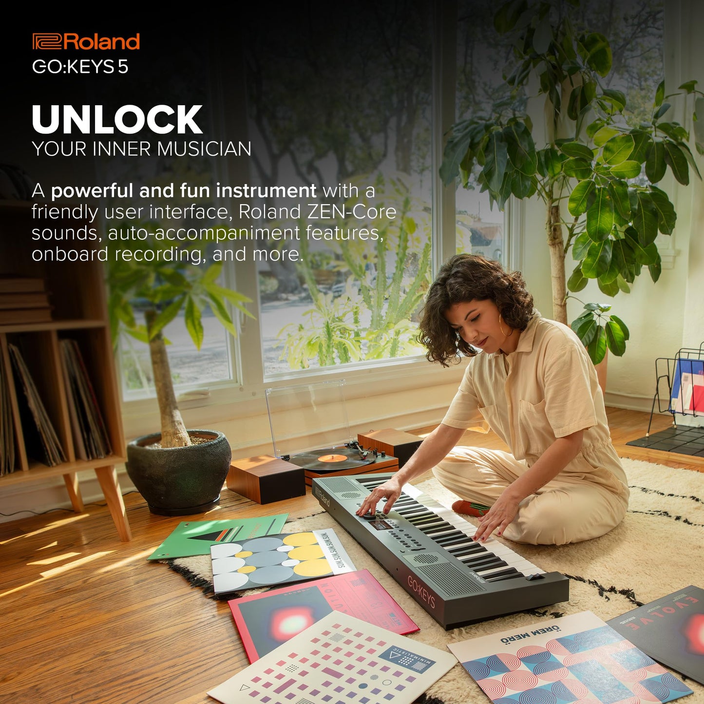 Roland GO:KEYS 5, 61-key music creation keyboard, Bluetooth audio/MIDI, mic input.