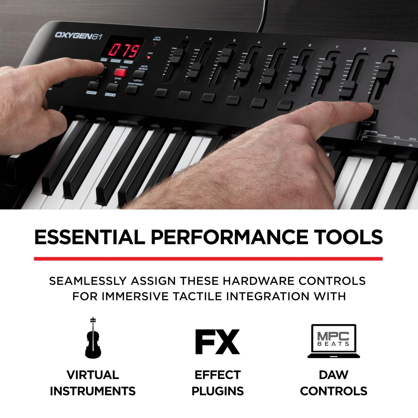 M-Audio Oxygen 61 MKV MIDI controller, pads, arpeggiator, chord/scale modes.